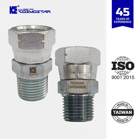 1/2 Inch NPTF Male To 1/2 Inch NPSM Swivel Hydraulic Adapter Built To Last From Carbon Steel With Zinc Plating For Rust Proof Reliability And Precise Straight Alignment With Hoses And Valves, shown in two views