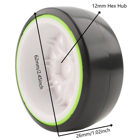 One Tenth Scale On Road RC Drift Tires And Wheels Ready To Drift Set With 12mm Hex Hub detailed dimensions and features