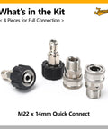 Built Tough Stainless Steel Pressure Washer Quick Connect Kit Four Pack M22 To Fourteen Millimeter Male To Three Eighths Inch Quick Connect Couplers Swivel Adapters For Power Washer Hose And Gun shown in four pieces with connectors.