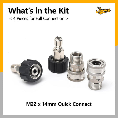Built Tough Stainless Steel Pressure Washer Quick Connect Kit Four Pack M22 To Fourteen Millimeter Male To Three Eighths Inch Quick Connect Couplers Swivel Adapters For Power Washer Hose And Gun shown in four pieces with connectors.