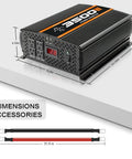Heavy Duty Road Ready 3500W Power Inverter For Cars Trucks Rvs And Solar Rigs DC To AC Converter showing multiple outputs and dimensions.