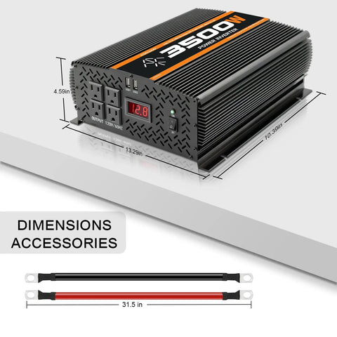 Heavy Duty Road Ready 3500W Power Inverter For Cars Trucks Rvs And Solar Rigs DC To AC Converter showing multiple outputs and dimensions.