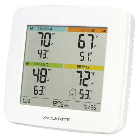 Front view of Four Location Home Weather Station With Three Wireless Indoor Outdoor Sensors and built-in display showing temperature and humidity.