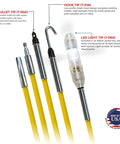 Low Flex Yellow Jacket Fish Tape Wire Puller Kit 15 Feet Coated Fiberglass Rod with bullet, hook, and LED light tips