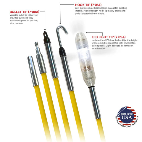 Low Flex Yellow Jacket Fish Tape Wire Puller Kit 15 Feet Coated Fiberglass Rod with bullet, hook, and LED light tips