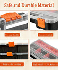 Close-up of 3 Piece Toolbox Organizer Set with Clear Lid, 21 Compartments, showcasing handles, latches, locking mechanism, and material.