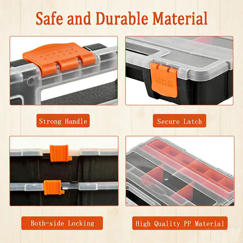 Close-up of 3 Piece Toolbox Organizer Set with Clear Lid, 21 Compartments, showcasing handles, latches, locking mechanism, and material.