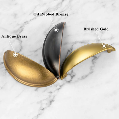Brushed Gold Cup Drawer Pulls 3 Inch 76mm Set of 10 Durable Metal Cabinet Handles with Two Screw Sizes for Kitchen Cabinets Dressers