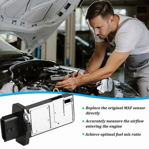 Top Shelf Mass Airflow Sensor Replaces Oem 22680 7S00 For Heavy Duty Trucks And Crossovers, mechanic testing airflow sensor in engine