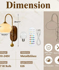BOKT Battery Operated Light Wall Sconce 2 Pack Wireless Vintage Wall Light dimensions with metal and glass, remote control, and USB cable.