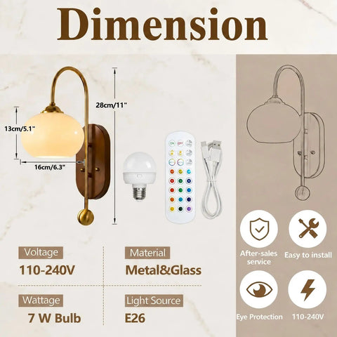 BOKT Battery Operated Light Wall Sconce 2 Pack Wireless Vintage Wall Light dimensions with metal and glass, remote control, and USB cable.