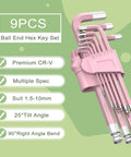 Pink 9 Piece Cr V Allen Key Set With Long Ball End Hex Keys 1.5 To 10mm displayed with features on green background