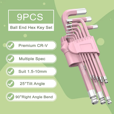 Pink 9 Piece Cr V Allen Key Set With Long Ball End Hex Keys 1.5 To 10mm displayed with features on green background