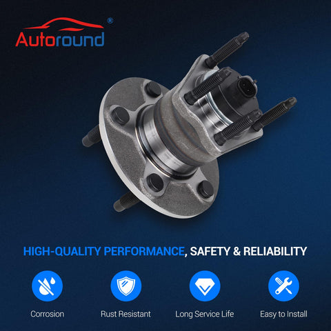 Rear Wheel Bearing And Hub Assembly Set Of 2 For Chevy Malibu 2004 2012 Cobalt 2009 2010 HHR 2008 2010 Pontiac G6 2005 2010 Saturn Aura 2007 2009 5 Lug With ABS Ready To Roll, close-up view
