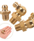 9 Piece Copper Threaded Grease Fittings Kit With Straight And Angled Nipples For Cars And Excavators shown in hand