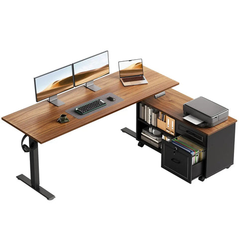 55 Inch L Shaped Electric Standing Desk With Drawers And File Cabinet Sets For Home Office Sit Stand Computer Desk In Walnut And Black