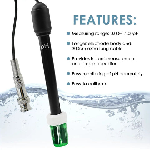 0-14 pH Electrode Probe With 300cm Cable And Replacement BNC Connector All Purpose pH Meter Sensor Kit displayed with features