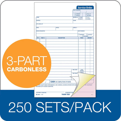 Service Order Form 3 Part Carbonless With White Canary Pink Copy Sheets 5 2/3 X 9 Inches 250 Sets Per Pack ready form