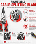 4-in-1 Wire Stripping and Testing Pliers Electrician’s Multitool With Stripping Cutting Crimping and Voltage Testing showcasing adjustable blade for precise cable splitting.
