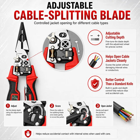 4-in-1 Wire Stripping and Testing Pliers Electrician’s Multitool With Stripping Cutting Crimping and Voltage Testing showcasing adjustable blade for precise cable splitting.