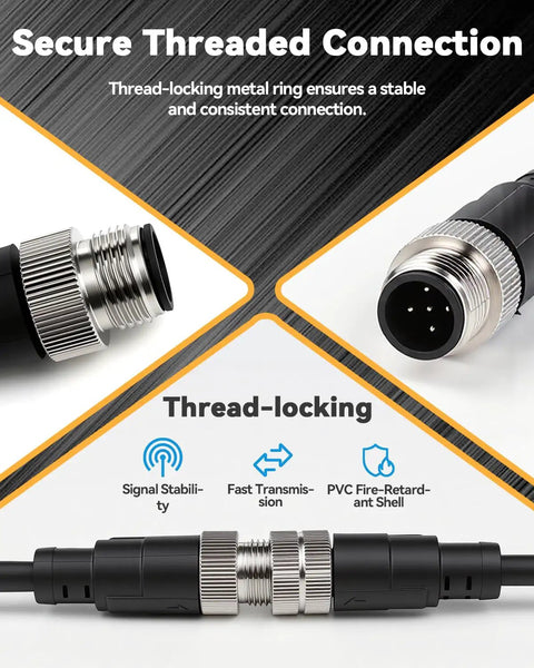 Close-up of Heavy Duty Workhorse M12 A Coded Five Pin Female To Female Extension Cable With 24 Awg Conductors and tough PVC jacket