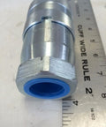 Rock Solid One Inch Female NPSF Quick Coupling Female Coupler With Heavy Duty Steel Body And 3000 PSI Pressure Rating shown with ruler for size.