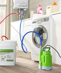 Kickin Heavy Duty Tankless Water Heater Flushing Kit with Pro Level Half Hp Pump Pushing 2500 GpH next to washing machine with hoses.