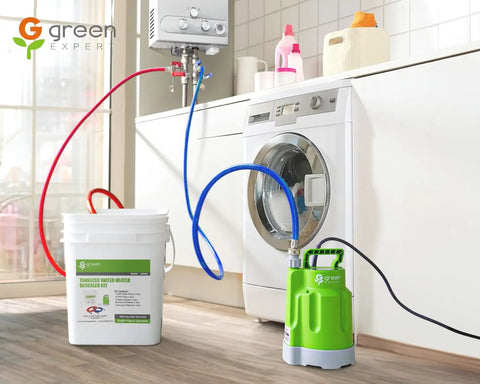 Kickin Heavy Duty Tankless Water Heater Flushing Kit with Pro Level Half Hp Pump Pushing 2500 GpH next to washing machine with hoses.