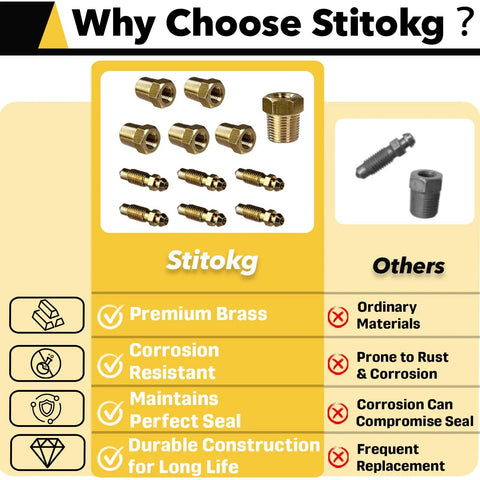 Top Shelf Brake Bleeder Screw Kit With Tough Brass Adapters For Car Calipers featuring brass fittings and detailed specifications.