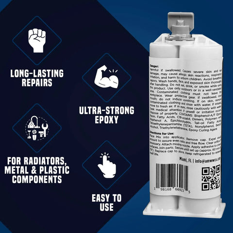 High Temperature Aluminum Radiator Repair Epoxy Kit For Metal And Automotive Fixes, 2oz, front view with usage instructions