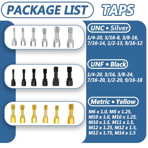 Heavy Duty 49 Piece Thread Chaser Kit With 22 Taps And 24 Dies Plus 3 Thread Files showing UNC, UNF, Metric taps package