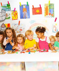 110 Piece Colorful Wooden Push Pin Tacks Featuring Spring Loaded Studs Keep Pics Flawless On Corkboards Bad Boys Stack For Office Vibes Home Crafts Sick Gallery Wall Setup in a classroom with kids crafting and colorful art.
