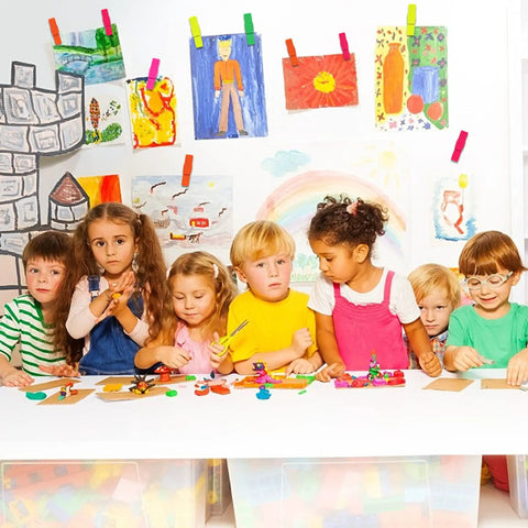 110 Piece Colorful Wooden Push Pin Tacks Featuring Spring Loaded Studs Keep Pics Flawless On Corkboards Bad Boys Stack For Office Vibes Home Crafts Sick Gallery Wall Setup in a classroom with kids crafting and colorful art.