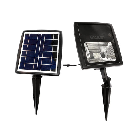 Outdoor Solar Flood Light in Black Cast Aluminum with Warm White 2700K LEDs, detachable solar panel on ground stake