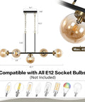 5 Light Modern Sputnik Island Pendant Light Fixture With Amber Glass Globe Shades, height adjustable, black finish, E12 compatible