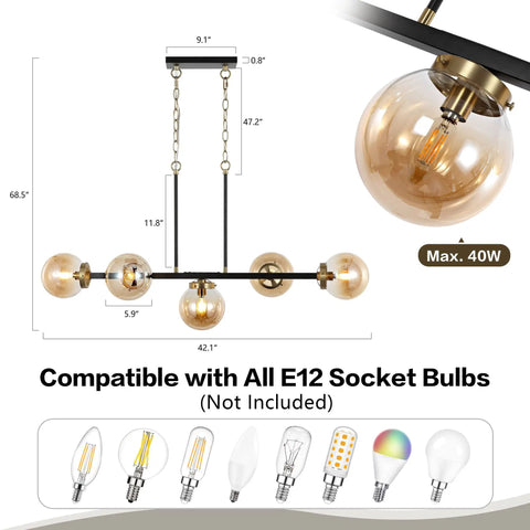 5 Light Modern Sputnik Island Pendant Light Fixture With Amber Glass Globe Shades, height adjustable, black finish, E12 compatible