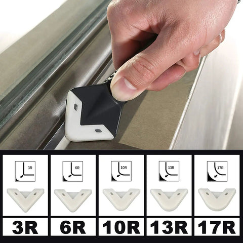 Silicone Caulking Tool Kit 3 In 1 Caulk Remover And Grout Removal Tool in use with 5 replaceable silicone pads labeled 3R to 17R