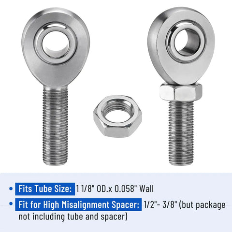 Beefed Up One Half Inch Heim Joint Kit Left And Right Hand Thread Rod Ends With Jam Nut, Heat Treated And Hard Chrome Plated For Up To 16,238 Lbs Load, Perfect For Steering And Suspension, Traction Bars And Steering Joints., two 1/2-inch rod ends with jam nut