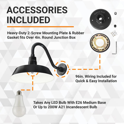 Outdoor Gooseneck Barn Light Satin Black With 14.5 Inch Extension Arm Wall Sconce with accessories included