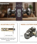 Interior Door Knob Passage Handle For Bedrooms And Bathrooms And Closets, Reversible, Heavy Duty Non Locking Door Hardware in Antique Nickel Finish with dimensions and latch details