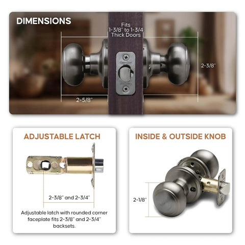 Interior Door Knob Passage Handle For Bedrooms And Bathrooms And Closets, Reversible, Heavy Duty Non Locking Door Hardware in Antique Nickel Finish with dimensions and latch details