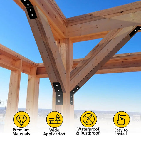 Beefy Four Pack 45 Degree Inside Angle Brackets For Butt Joint Posts And Wood Beams installed on wooden pergola structure.