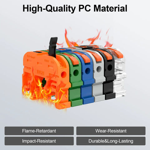 Beefy Terminal Block Kit With 12.6 Inch DIN Rail, 600V 32A Lever Wire Connectors For 24-12 AWG showing colorful terminal blocks made of PC material