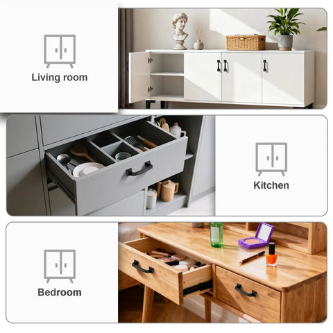 Matte Black Cabinet Pulls 76mm Hole Centers 3 Inch 10 Pack Solid Zinc Alloy Handles installed on various furniture in home settings