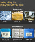 Image showcasing a variety of liquids, including water, cooking oil, liquor, and corrosive liquids like sulfuric acid.