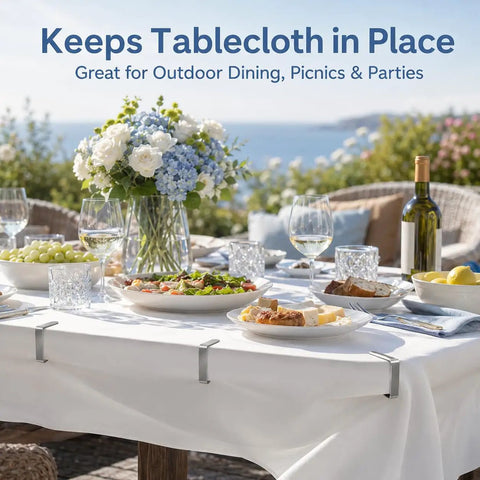 Outdoor dining setup with white tablecloth, secured by Sturdy Stainless Steel Tablecloth Clips, Rust Proof And Heavy Duty 6 Pack For Indoor Outdoor Use.