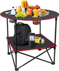 Lightweight Folding Camping Table With 4 Cup Holders Waterproof Canvas Outdoor Table For Beach Camping Tailgating Picnics Campfires Easy Carry Bag Grab And Go Ready For Any Outdoor Session with snacks and gear on top