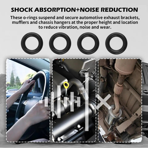 Universal Exhaust Hangers Rubber Muffler Mounts 4 Pack for Cars, Trucks and SUVs shown for shock absorption and noise reduction