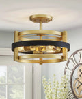 Gold circular chandelier with black accents in a modern room, featuring multiple light bulbs.