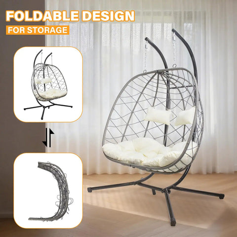 Two Person Outdoor Egg Swing Chair With Stand For Patio Garden Or Balcony Cushioned Wicker Hammock Chair Weather Resistant And Sturdy Dual Hooks displayed indoors